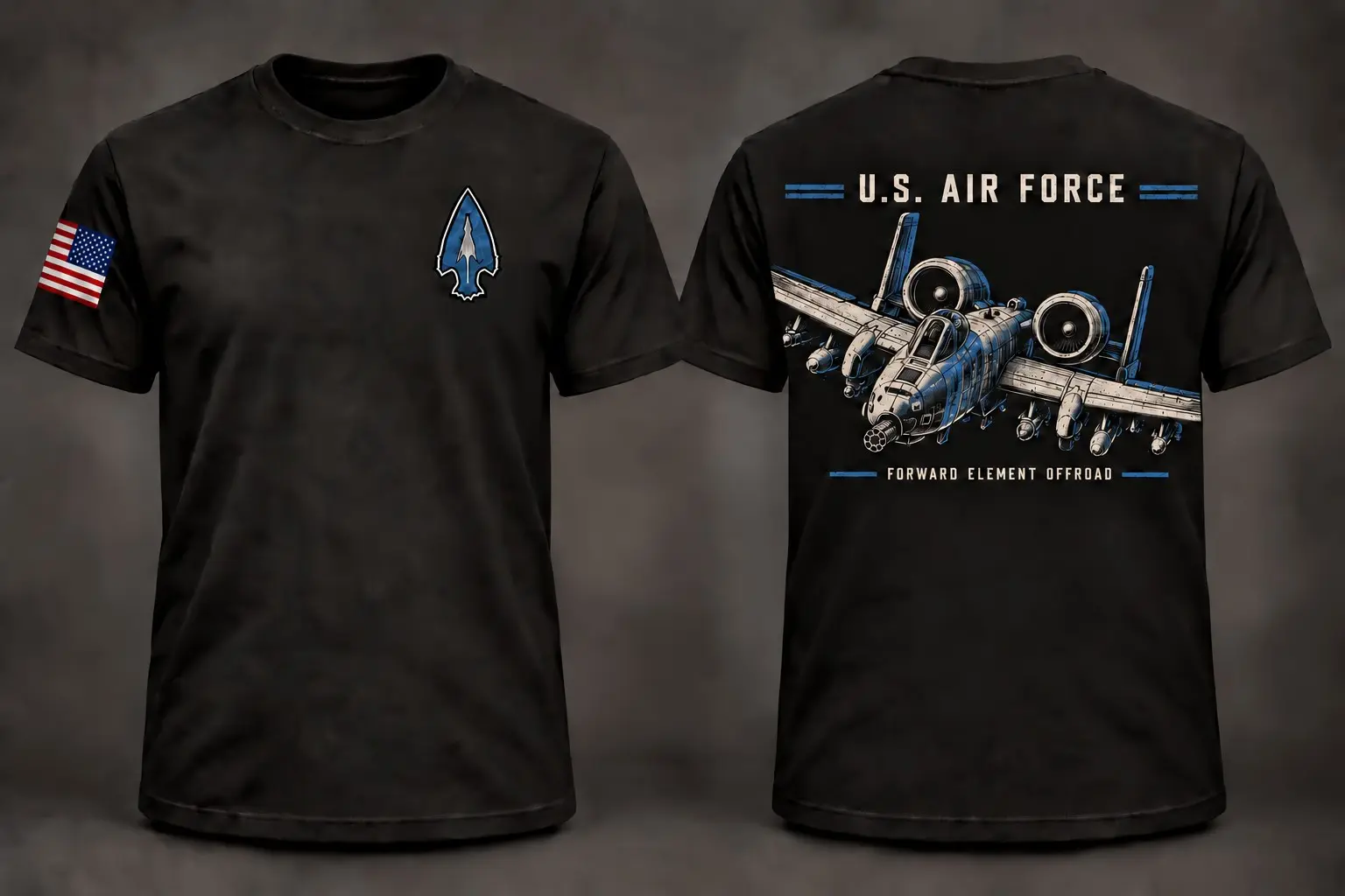 Forward Element Offroad U.S. Air Force shirt shown from the front and back