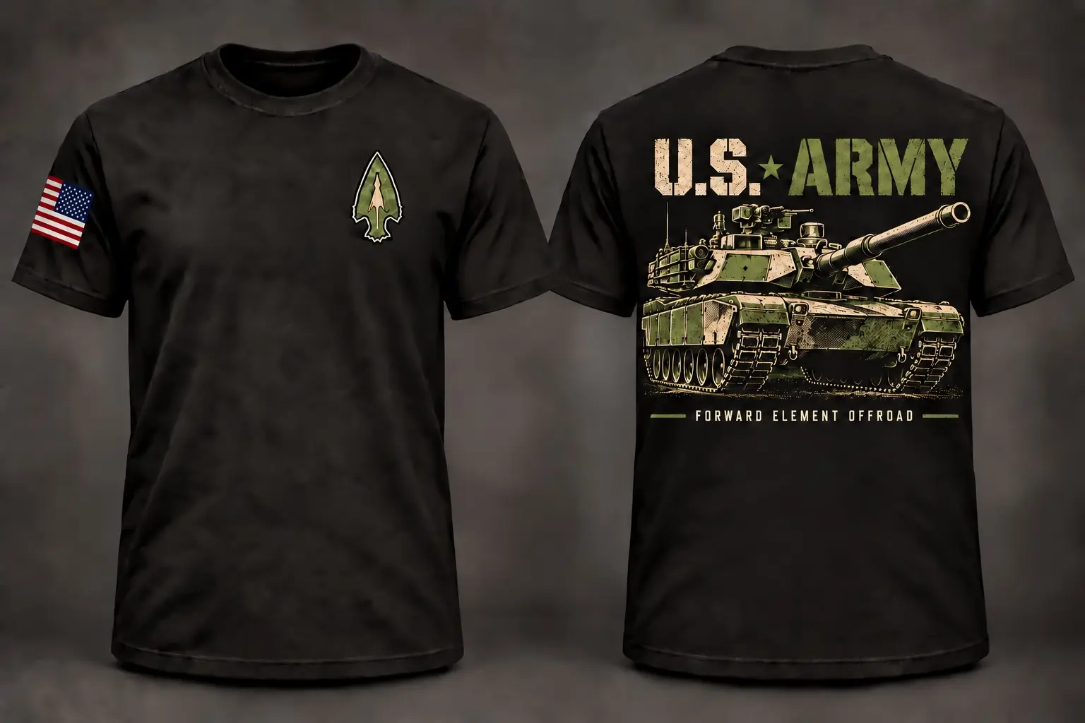 Forward Element Offroad U.S. Army shirt shown from the front and back