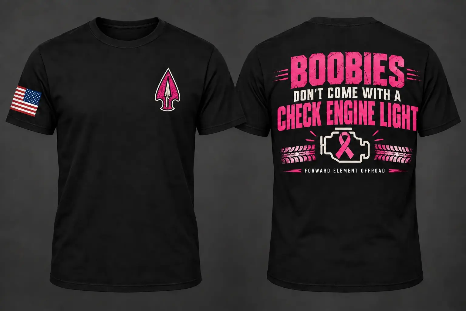 Forward Element Offroad breast cancer awareness shirt shown from the front and back