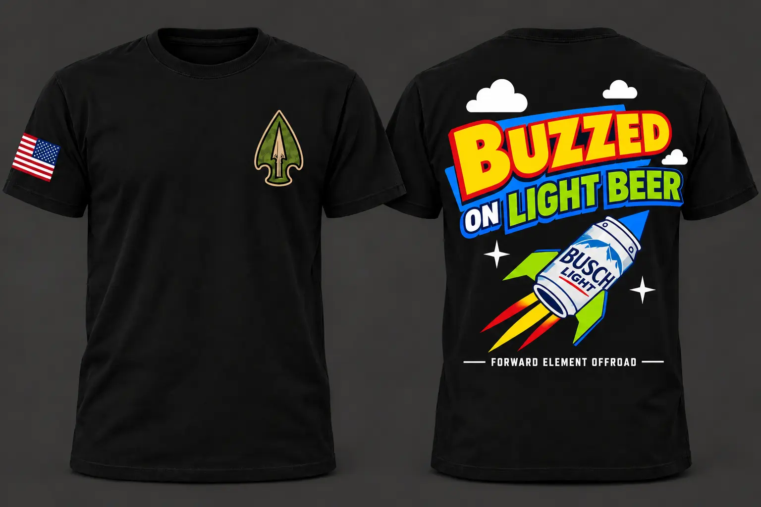 Forward Element Offroad Buzzed on Light Beer shirt shown from the front and back