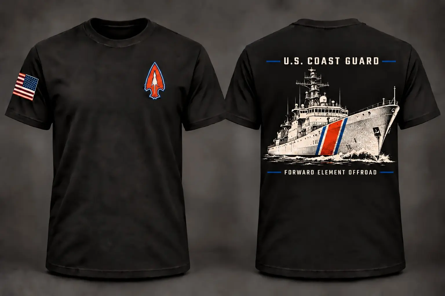 Forward Element Offroad U.S. Coast Guard shirt shown from the front and back