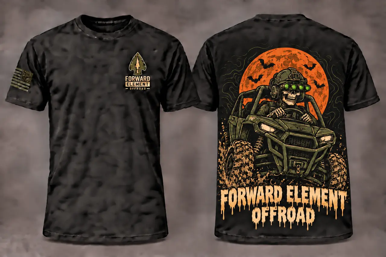 Black Forward Element Offroad Halloween shirt shown from the front and back