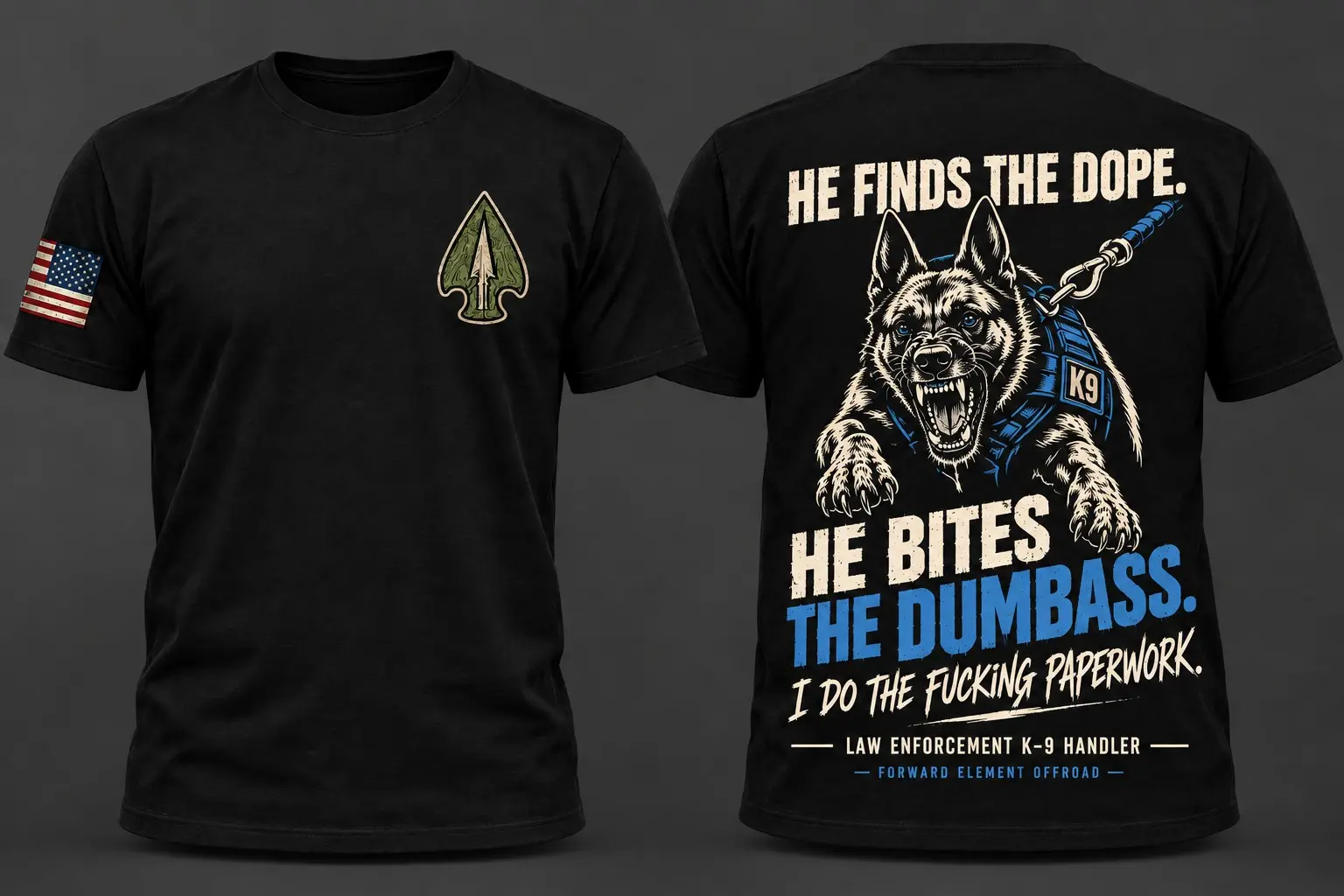 Black Forward Element Offroad Law Enforcement K-9 Handler shirt shown from the front and back