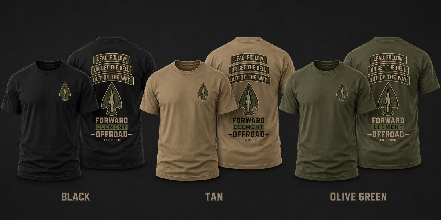 Forward Element Offroad Lead Follow shirt shown from the front and back in black, tan, and olive green