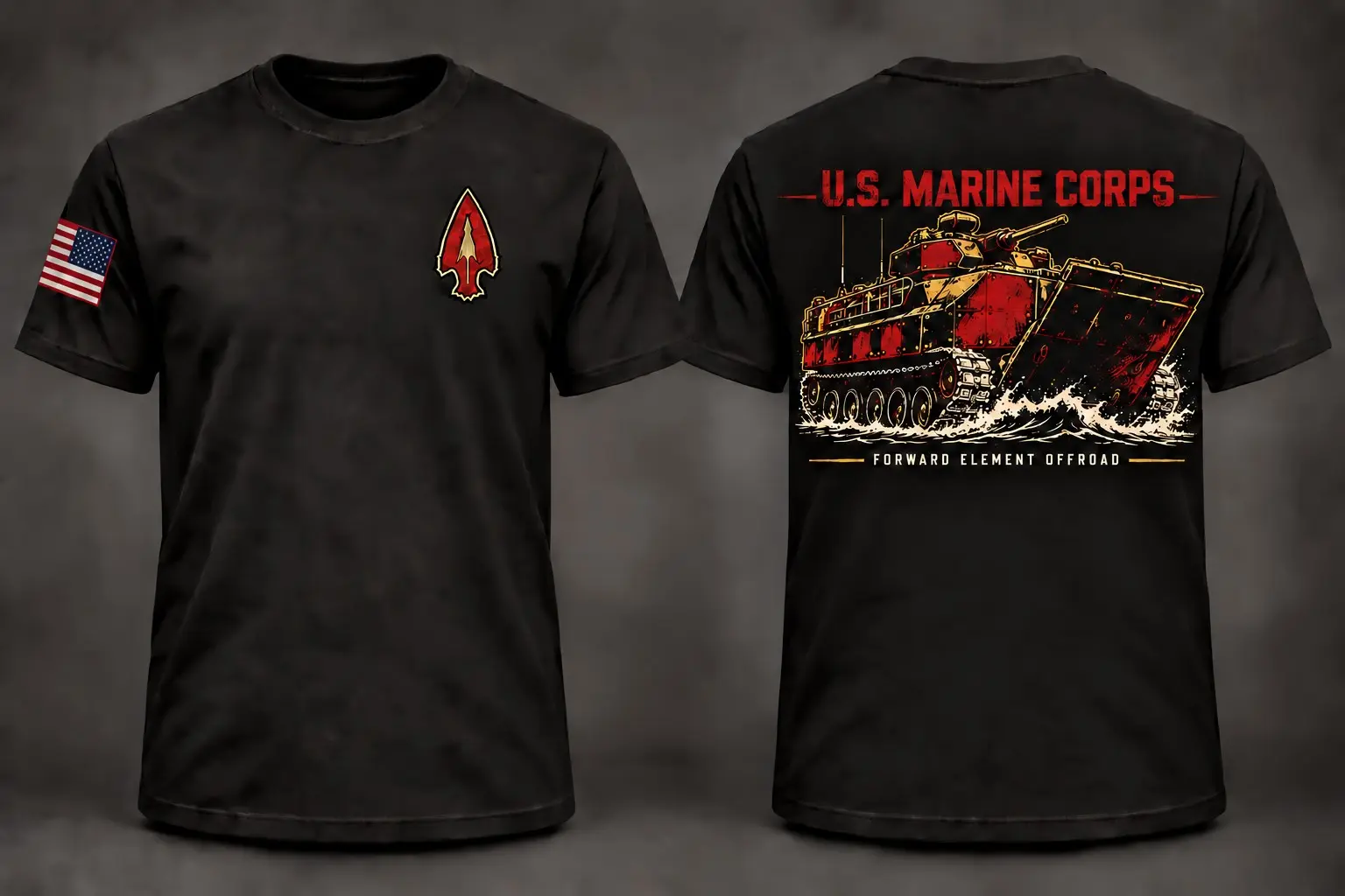 Forward Element Offroad U.S. Marine Corps shirt shown from the front and back