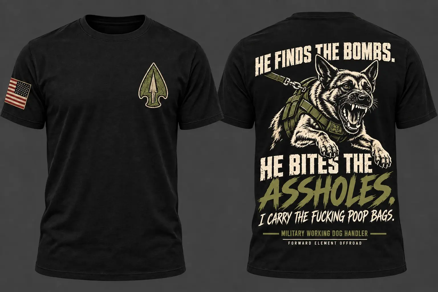 Black Forward Element Offroad Military Working Dog Handler shirt shown from the front and back