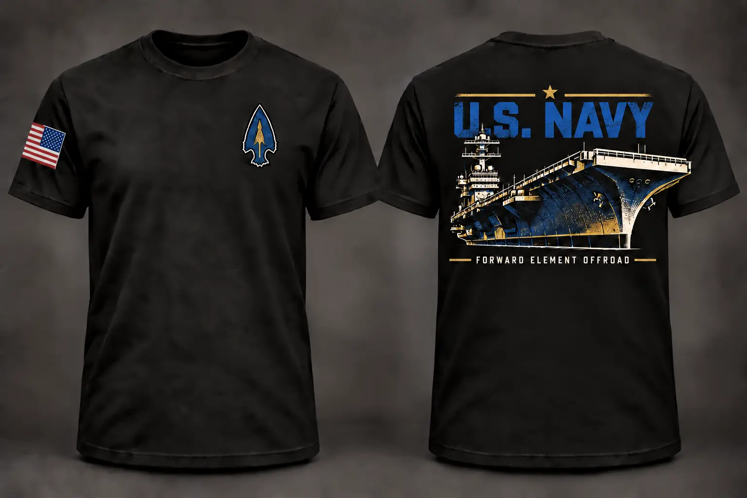 Forward Element Offroad U.S. Navy shirt shown from the front and back