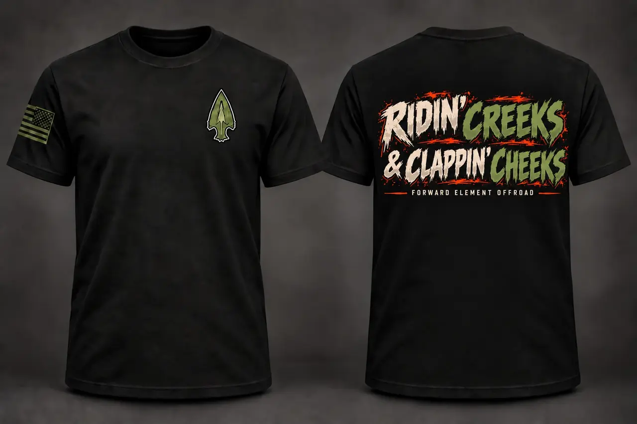 Forward Element Offroad Ridin’ Creeks and Clappin’ Cheeks shirt shown from the front and back