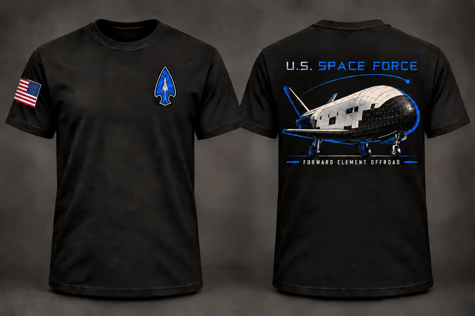 Forward Element Offroad U.S. Space Force shirt shown from the front and back