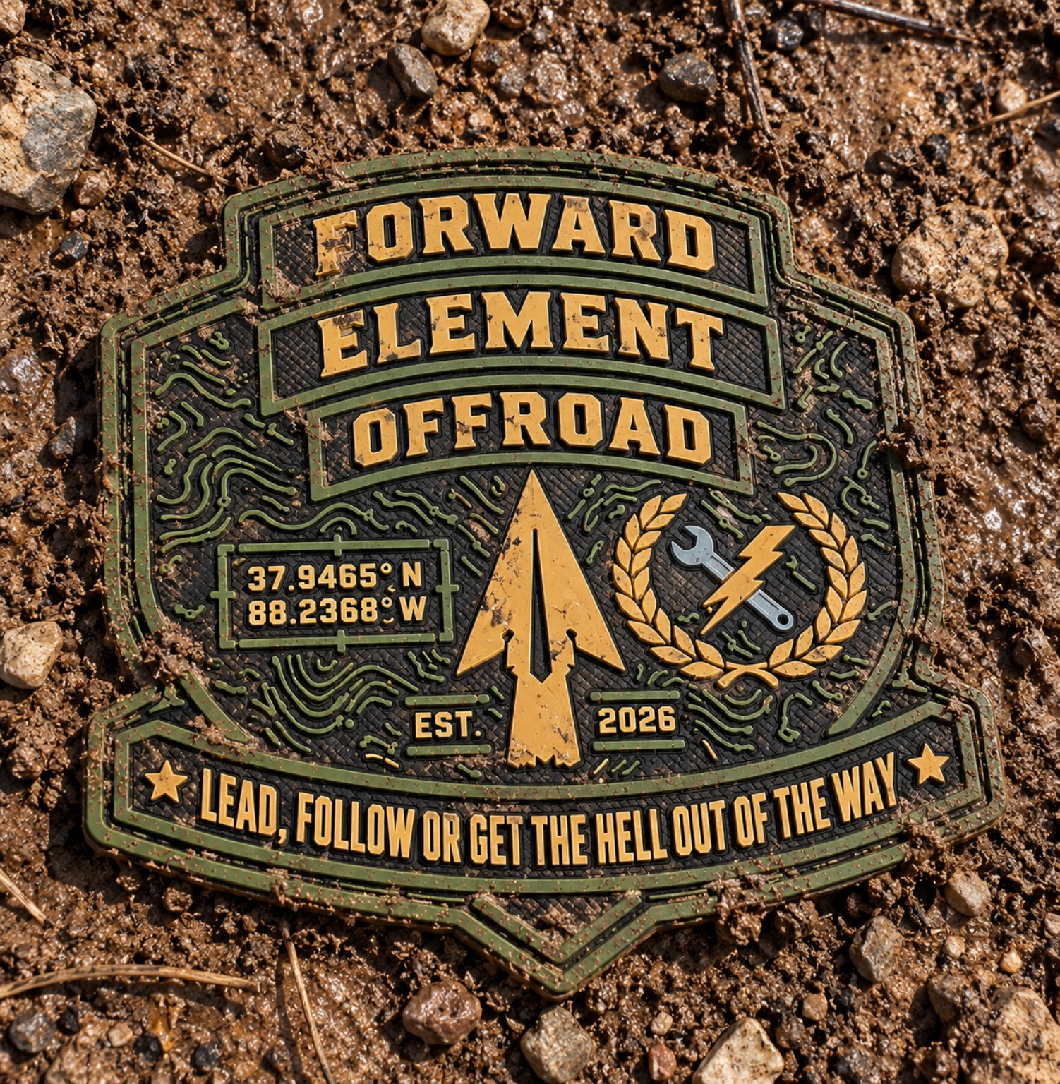Forward Element Offroad 4-inch SxS badge displayed on muddy trail ground